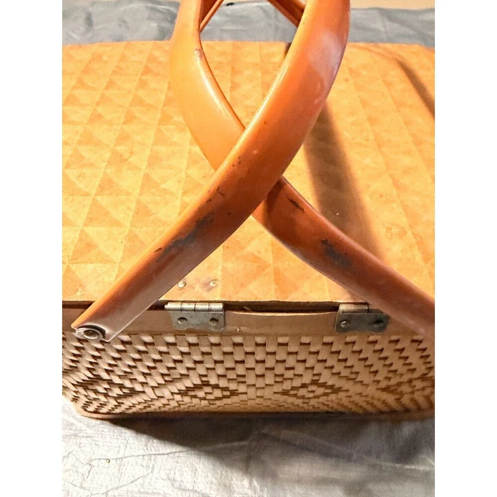 Vintage Red-Man Woven Picnic Basket Orange Interior Folding Handles Peru Indiana